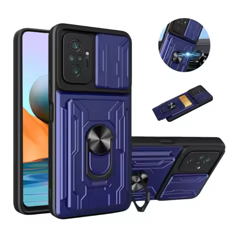 Car Holder Ring Card Slot Wallet Case For Xiaomi Redmi Note 10 10S Slide Camera Armor Cover For Redm
