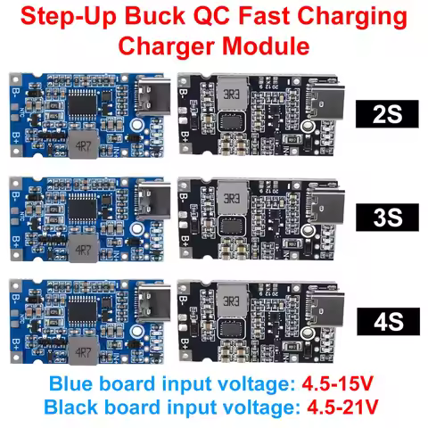 2S 3S 4S Type-C USB Charger Module 4.5V-15V 4.5-21V Step-Up Buck QC Fast Charging CC/CV for Power Ba