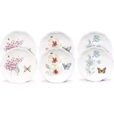 817046 Butterfly Meadow 6-Piece Tidbit Plate Set, White, 3.05 LB