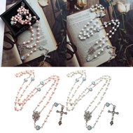 NICE White Rosary Catholic Necklace Catholic Necklace Crystal Pink-Pearl Long Chain