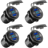 4X 12V USB Outlet, Quick Charge 3.0 Dual USB Car Charger with Contact Switch and Voltmeter for 12V/24V Motorcycle