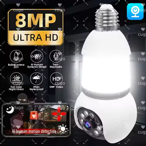 8MP E27 LED Bulb Camera WiFi Surveillance Camera Indoor Video 8X Zoom Color Night Vision AI Automati