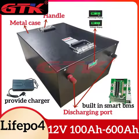 GTK 12V 100Ah 200Ah 300Ah 500Ah 600Ah Lifepo4 Battery with Bluetooth BMS for 1KW 2KW 3KW Solar Panel