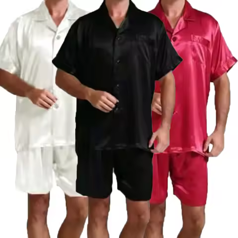 Men's Satin Silk Pajamas Sets Top+Shorts Men Rayon Silk Sleepwear Summer Male Solid Color Pajamas Se