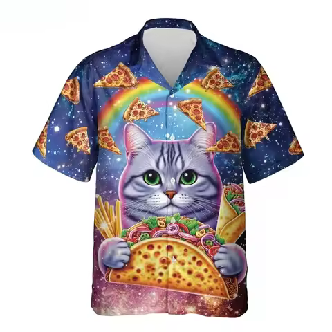 2025 Men's Hawaiian Beach Shirt 3D Print Funny Cat Taco Pizza Tee Tops Short Sleeve Button Down Holi