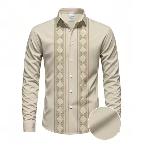 Symmetrical Diamond Stripe Print Men's Long-Sleeved Shirt, Vacation/Commuting Collared Shirt