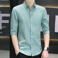 High Quality Men's Sage Green 3 4 Sleeves Ice Silk Plain Shirt Korean All-match Solid Color Slim Fit