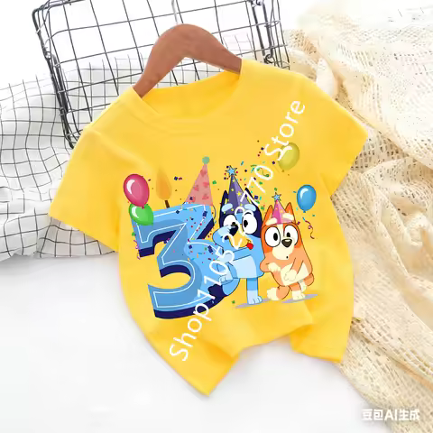 Bluey Baby Birthday T Shirt for Boys Girl Bingo Number Kids Clothes Summer Cartoon Letter Tees Shirt