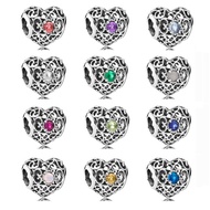 Birthstone Pan Signature Heart Charm 925 Silver January February March April May June