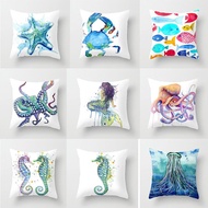 Watercolor Sea Themes Throw Pillow Case Starfish Octopus Mermaid Crab Cushion Covers for Home Sofa C