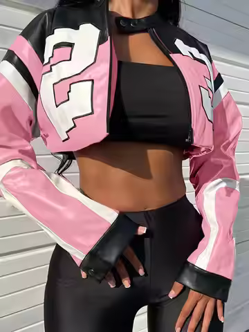 2025 New Women's Artificial Leather Jacket PU Leather Short Jacket Digital Printed Fashion Streetwea