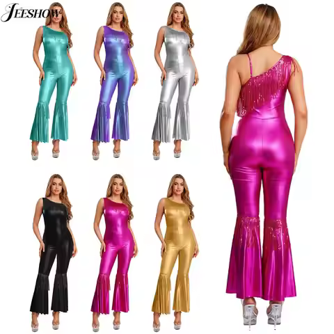 Womens 70s 80s Disco Costume Shiny Metallic Sequin Tassel One Shoulder Bell Bottoms Jumpsuit Hippie 