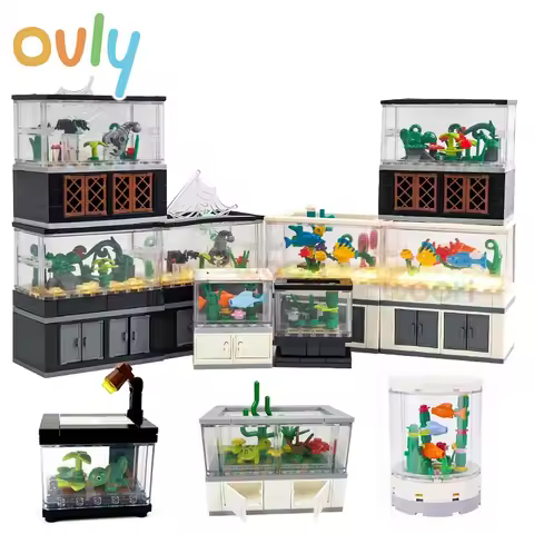 Fish Tank Building Blocks MOC Luminous Toys City Scene LivingRoom Interior Decoration Assembled DIY 