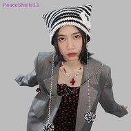 PeaceShells Autumn Winter Cat Ears Pointed Pullover Women Hats Y2K Cute Star Devil Knitted Beanie Hat Ins Skullies Striped Knitg Wool Cap SG