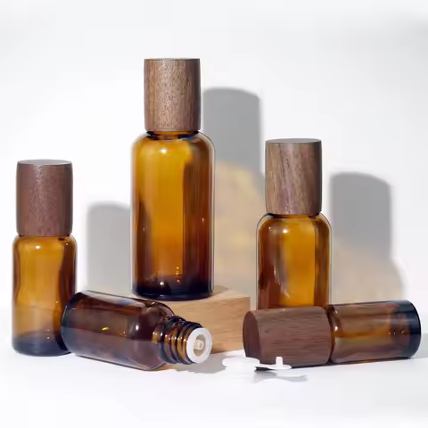 5ml-100ml Amber Glass Essential Oils Bottle Walnut / Beech Wood Screw Cap Homemade Cosmetic Containe