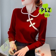 CNY 2024 Chinese New Year Cheongsam Collar Blouse Plus Size Loose Long Sleeve Lady Shirt