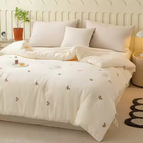 Cute Bear Embroidered Comforter Super Soft Fluffy Quilt Cover for Winter Skin-friendly Soybean Fiber