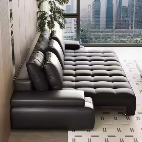 Lazy Convertible Sofa Bed Luxury Lawrence Genuine Leather Living Room Multifunctional Electric Sofa