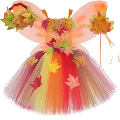 Fall Maple Leaves Fairy Costumes Girls Woodland Fairy Princess Dresses with Butterfly Wings Kids Hal