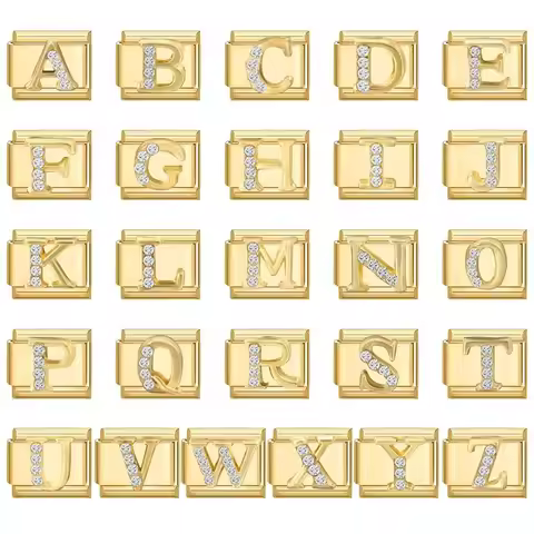 Wholesale Shiny CZ 26 Letters A-Z Gold Color Italian Charms Gold Plated 9mm Stainless Steel Modular 