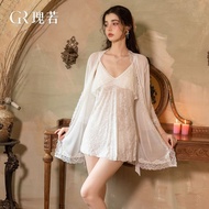 瑰若性感透视甜美烧花带胸垫双层V领吊带睡裙外袍家居服套装6562Rose if sexy perspective sweet burning flower with double layer ches