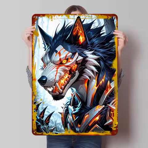Cyberpunk Werewolf in Snowy Forest Tin Plaque Poster Customized Wall Art Retro Vintage Metal Signs f