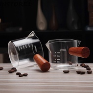 INSTORE1 Double Spout Measuring Cup, V-Shaped Mouth High Borosilicate Glass Triple Pitcher Milk Cup, Durable 75ML with Dual Scale Wood Handle Glass Espresso Cups Espresso
