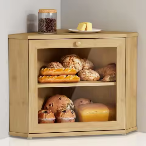 2-Tier Bamboo Corner Bread Box for Kitchen Counter, Wooden Round Farmhouse Storage Bin for Bread, Fr