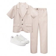 2pcs Tween Boy Fashionable Korean Style Slim Fit Casual Formal Wear Suit. Includes A Slim-Fit Short 