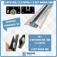 Rel Roda Sliding Pintu Geser AS 380 1 Set 4 Batang Rel Twin 1.5 Meter + 4 Set Roda SD 380 Harfit Rel Pintu Lemari Kayu Sleding Timbul Warna SS Coklat