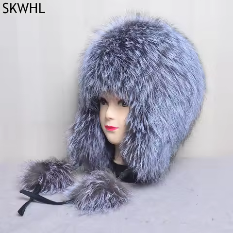 Natural Fox Fur Hats for Women Real Fur Beanies Cap Knitted Hats Russian Winter Thick Warm Fashion C