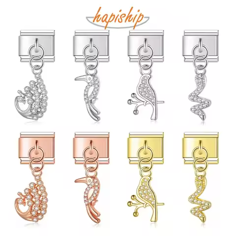 Hapiship 2023 Fashion Peacock Bird Woodpecker Snake Dazzling CZ Charm Italian Links Fit 9mm Bracelet