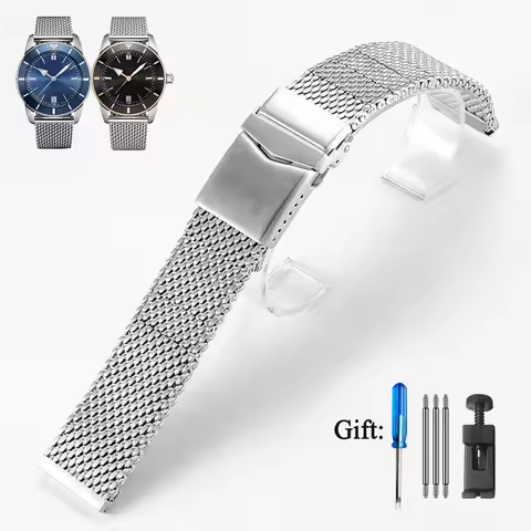 22mm Stainless Steel Milanese Watch Strap For Breitling Avenger Superocean Heritage Navitimer Blackb