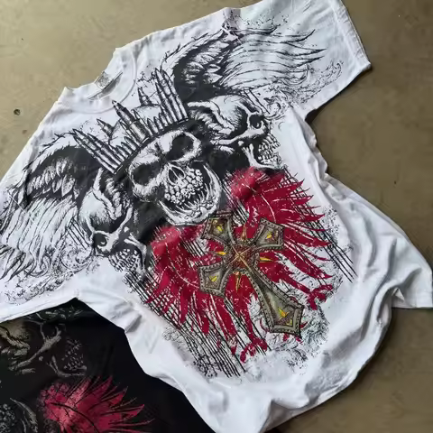 MMA Elite Y2K Gothic King Skull Wings T Shirt Vintage Pure Cotton Streetwear Unisex Summer Couple Ma