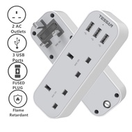 TESSAN TS222 2 Way Extension Plug Power Socket with 3 USB Port Output 3A Fast Charging Adaptor，Wall Socket Multi Plug，13A UK 3 Pin Extension Power Adapter for Home, Kitchen, Office（Gray-White）