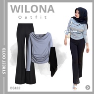 One Set 3in1 Korean Style (Long Sleeve Top + Cutbray Scuba Pants + Hijab) Ootd Hijab CS122 Wilona
