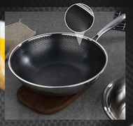 [SG Local Seller] Double Side Good Quality Φ32CM/Φ34CM/Φ36CM 304 Stainless Steel Wok With Glass Lid With Handle With Side Ear Composite 7 Layers Steel Oil-free Wok Non-stick Full Honeycomb wok Kitchen Cookware Pan Pot