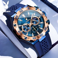 PLAYBOY นาฬิกาสำหรับผู้ชาย นาฬิกาแฟชั่นสปอร์ตกันน้ำ ปฏิทินข้างขึ้นข้างแรม นาฬิกาเรืองแสงแบบมัลติฟังก