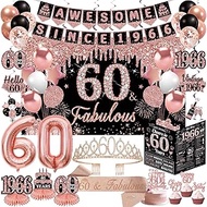 60th Birthday Decorations for Women, 33pcs Black Rose Gold Awesome Since 1966 Banner Crown Sash 60th
