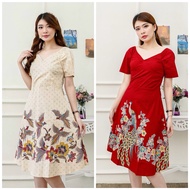 MERAH Sabrina dress batik Women modern Red Chinese New Year CNY/dress batik shoulder pad cream v neck 3209