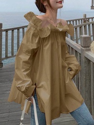 ZANZEA เสื้อ2023เปิดไหล่ขนาดใหญ่พิเศษสำหรับผู้หญิงเสื้อเบลาส์ลำลองเสื้อสไตล์เกาหลียาวหรูหรามีระบายชา