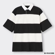 GU 短袖 橄欖球衫 POLO衫 襯衫領 條紋 剪接 Oversized 落肩 寬鬆 黑白