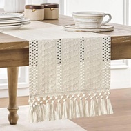 4/6/8/10 Seaters Blue Beige Boho Table Runner with Tassels Hand Woven Table Runner Rustic Farmhouse