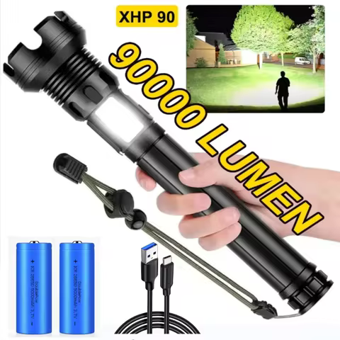90000 Lumens LED Tactical Flashlight Rechargeable XHP90 USB Zoomable 7Modes Super Bright Floodlight 