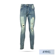 Niyom jeans รุ่น M41 กางเกงยีนส์ชายทรงเดฟ สียีนส์ฟอกเฟดหน้าหลัง แต่งขาด แต่งปะ ผ้ายืด
