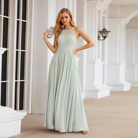 Sharon Said Sage Green Halter Chiffon Long Bridesmaid Dress Ruched Waist Flowy Maxi Women's Wedding
