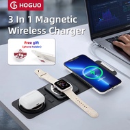 Hoguo-3ใน1ที่ชาร์จไร้สายแม่เหล็กแท่นขาตั้งพับได้ iPhone 14, 13, 12, 11, X,นาฬิกา Apple,ชาร์จเร็ว,แท่นชาร์จไร้สาย15W