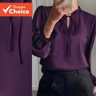 Women Elegant Blouse Plain Smocked Tie Front Bishop Sleeve Autumn Winter Blouse LBL24434
