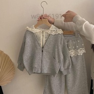 90-150cm Girls College t Suit Two-Piece Style Middle Children Genuine Korean Clothing Gray Hooded Ca