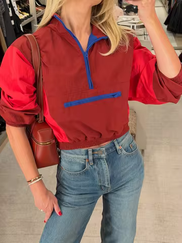 Y2K Vintage Patchwork Cropped Jackets Women Coats Half Zip Contrast Stand Collar Anorak Jacket Stree